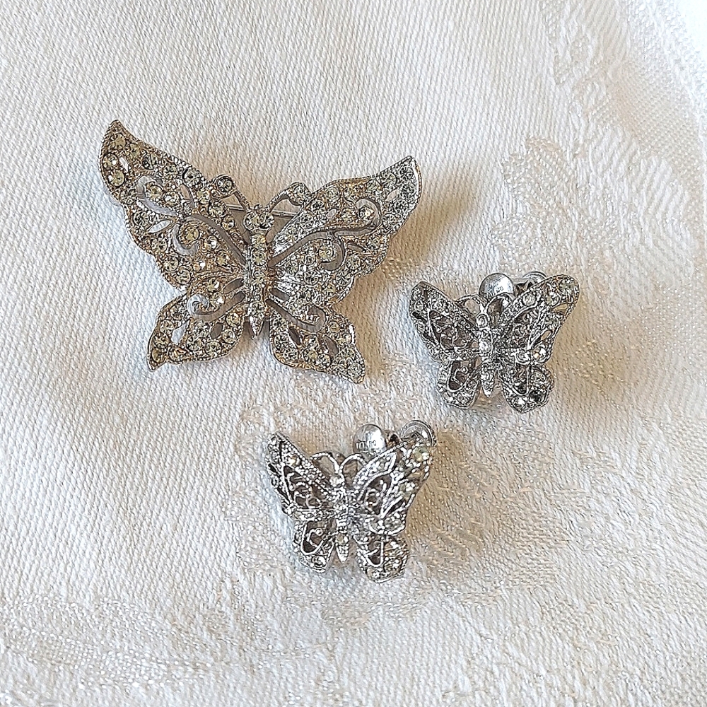 Hedy Matching Butterfly Set Brooch, Screwback Earrings, Silvertone & Rhinestones
